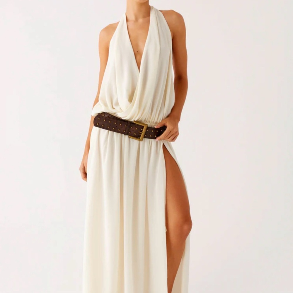 Peppermayo Draped Halter Ivory Maxi Dress with High Slit
